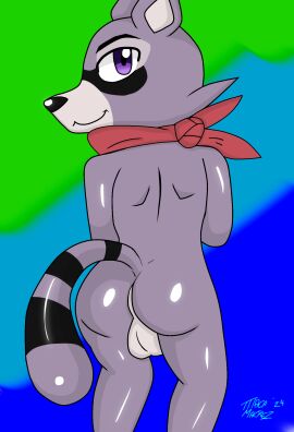 anthro ass balls bandana canid canine fur genitals hi_res indigo_park kerchief macamacrez male male_only mammal nude procyonid purple_eyes raccoon rambley_raccoon red_bandanna red_kerchief simple_background solo