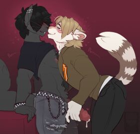 alternative_fashion anthro belt black_hair blonde_hair blue_eyes bodily_fluids bottomwear bracelet clothed clothing denim denim_bottomwear denim_clothing denim_shorts domestic_cat dripping duo ear_piercing emo felid feline felis gay gay_male genital_fluids genitals hair hair_over_eyes handjob hi_res holding_penis humanoid_genitalia humanoid_penis jacket jeans jewelry male male/male mammal nipples nose_to_nose open_belt open_bottomwear open_clothing open_jeans open_pants pants penile penis piercing precum precum_drip purring raised_clothing raised_shirt raised_topwear red_background sex shirt shorts simple_background sinisterheaven standing topwear torn_bottomwear torn_clothing torn_jeans torn_pants yaoi