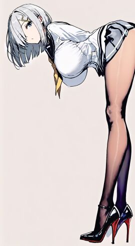 1girls 2025 2d bending_forward bending_over big_breasts breasts clothed clothed_female darenandaomaewa female female_focus female_only hair_over_one_eye hamakaze_(kantai_collection) hanging_breasts heels high_heels kantai_collection large_boobs large_breasts legs long_legs looking_aside looking_at_viewer louboutin_(shoes) medium-haired_female medium_hair side_view silver-haired_female silver_hair slender_body slender_legs solo solo_focus standing stiletto_heels strappy_heels video_game_character