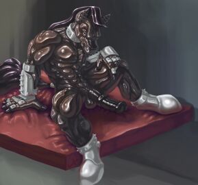 5_fingers abs accessory after_transformation animal_genitalia animal_penis anthro armor balls bed bedroom_eyes big_balls big_muscles big_penis black_body boots clothing collar ear_piercing equid equine equine_genitalia equine_penis erection fingers footwear furgonomics furniture gauntlets genitals glistening gloves green_eyes hand_on_knee hand_on_leg handwear hooved_fingers hooves horse industrial_piercing industrial_piercing_ladder inside latex latex_creature living_latex looking_at_viewer male mammal medial_ring muscles muscular muscular_anthro muscular_male narrowed_eyes nipple_piercing nipples on_bed pecs penis piercing post-transformation ravensflock seductive serratus signature sitting sitting_on_bed smile solo spiked_collar spikes spread_legs spreading tail tail_accessory tailband transformation