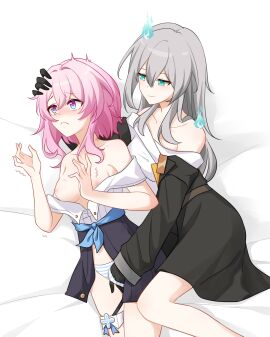 2girls alternate_eye_color aqua_eyes aura bare_shoulders blush breasts cirrus_(honkai:_star_rail) closed_mouth feet_out_of_frame female fingering grey_hair hair_between_eyes hand_in_another's_hair hand_in_another's_panties heliobus_(honkai:_star_rail) highres honkai:_star_rail honkai_(series) long_hair long_sleeves looking_at_another lying march_7th_(honkai:_star_rail) medium_breasts medium_hair multiple_females multiple_girls natori_biu nipples off_shoulder panties partially_undressed pink_hair possessed possession purple_eyes stelle_(honkai:_star_rail) striped_clothes striped_panties trailblazer_(honkai:_star_rail) trembling underwear white_background yuri