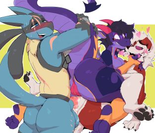 after_kiss anthro anus ass bisexual bodily_fluids collaborative collaborative_pussyjob collaborative_sex cum cum_in_pussy cum_inside dog_tags dragon duo female female/female generation_7_pokemon genital_fluids genitals hi_res holding_tail looking_pleasured lycanroc male male/female midnight_lycanroc mythological_creature mythological_scalie mythology nintendo open_mouth pawpads paws penetration penile penile_penetration penis penis_in_pussy pokemon pokemon_(species) pussy pussyjob scalie sex tail tribadism_on_penis vaginal_fluids vaginal_penetration yoelrabbit