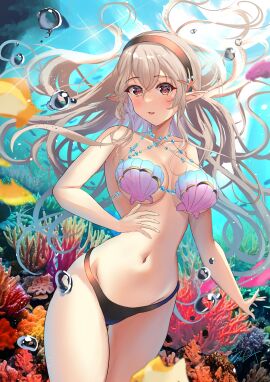 1girls absurd_res arerex big_breasts black_hairband black_panties blush breasts bubble commentary coral corrin_(fire_emblem) corrin_(fire_emblem)_(female) english_commentary female fire_emblem fire_emblem_cipher fire_emblem_fates grey_hair hair_between_eyes hairband high_res long_hair looking_at_viewer navel nintendo official_alternate_costume open_mouth panties pointy_ears shell shell_bikini smile solo underwater underwear