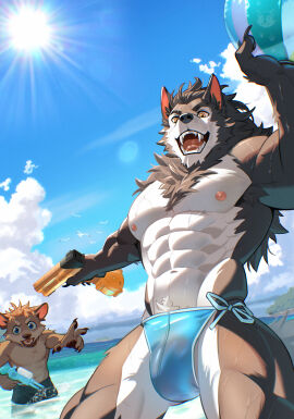 abs absurd_res anthro avian ball_(object) barely_visible_genitalia barely_visible_penis beach beach_ball biceps bikini_thong bird black_body black_fur blue_eyes brown_body brown_fur bulge canid canine canis clothing cloud cowardly_werewolf duo fur genitals grey_body grey_fur gull hi_res inflatable lari larid male mammal muscular muscular_male mythological_canine mythological_creature mythology nipples pecs penis playing sea summer swimming_trunks swimwear toy toy_gun translucent translucent_clothing water water_gun were werecanid werecanine werewolf wet wet_clothing wolf yellow_eyes