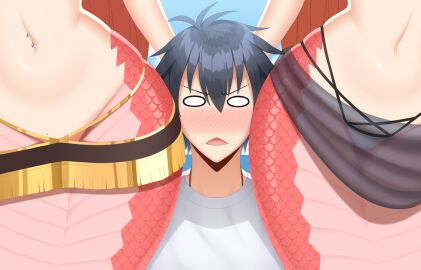 1boy 2girls absurd_res absurd_resolution absurdres belly_button belly_dancer_outfit belly_piercing blacksaikou daughter female hi_res high_resolution highres hips kurusu_kimihito lamia male microskirt midriff miia's_mother miia_(monster_musume) miniskirt monster_girl monster_girl_(genre) monster_musume_no_iru_nichijou mother mother_and_child mother_and_daughter naga navel navel_piercing panties parent_and_child partially_clothed red_scales short_skirt skirt tagme wide_hips