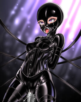 black_bodysuit blush bodysuit bondage bound bound_arms commentary_request commission corset crotch_zipper crying crying_with_eyes_open female gag gimp_mask gimp_suit idolmaster idolmaster_cinderella_girls latex latex_bodysuit mask neck_corset object_insertion plug_gag purple_eyes pussy pussy_juice shiny_clothes shirayuki_chiyo skeb_commission solo tears tongue tongue_out vaginal_object_insertion vaginal_penetration yukimaru_(yukimaru_0721) zipper