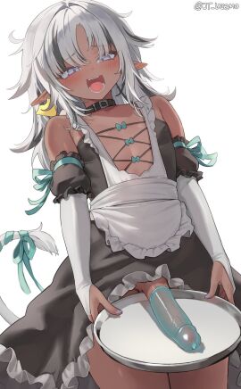 1boy apron aqua_bow aqua_ribbon armpit_crease artist_name bare_shoulders black_dress black_hair blush bow bridal_gauntlets collarbone condom condom_on_penis cowboy_shot crossdressing dark-skinned_male dark_male_only dark_skin detached_sleeves dress elbow_gloves erection eyelashes femboy frilled_dress frills gloves grey_hair highres holding holding_tray hung_femboy hung_trap jtveemo lion_tail long_hair looking_at_viewer maid maid_apron male male_focus male_only multicolored_hair no_panties open_mouth original otoko_no_ko parted_bangs penis pointy_ears presenting_penis puffy_short_sleeves puffy_sleeves purple_eyes ribbon short_sleeves sidelocks simple_background solo streaked_hair tail thighs tray twitter_username uncensored veins veiny_penis white_apron white_background white_gloves