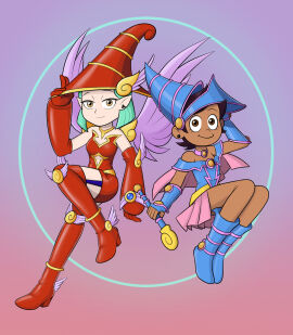 2girls amity_blight apple_magician_girl apple_magician_girl_(cosplay) artist_request bare_shoulders black_magician_girl black_magician_girl_(cosplay) blue_boots blue_gloves blue_hat blue_witch_hat brown_eyes brown_hair brown_skin choker cleavage dark_magician_girl dark_magician_girl_(cosplay) earrings female female_only fingerless_gloves floating green_hair holding_hat holding_wand long_boots long_gloves looking_at_viewer luz_noceda magical_girl mew-me miniskirt multiple_females multiple_girls pale_skin pink_dress pink_miniskirt red_boots red_gloves red_hat red_miniskirt red_witch_hat short_dress short_hair small_dress smile smiley_face the_owl_house wand winged_boots winged_hat wings witch_hat yellow_eyes yu-gi-oh!