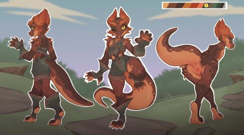 2024 5_fingers anthro anus bdmon biped blue_sky bottomwear brown_body claws clothed clothing cloud color_swatch countershade_tail countershading day digital_media_(artwork) featureless_chest female fingers flat_chest footwear genitals gloves grass green_bottomwear green_clothing green_footwear green_gloves green_handwear green_shorts green_topwear handwear hi_res horn kobold nude one_eye_closed outside paws pink_pussy plant presenting presenting_pussy pussy scalie shaded shorts sky solo spread_pussy spreading tail tail_anus toe_claws topwear