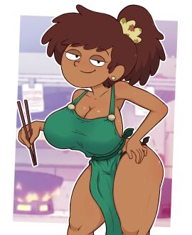 1girls amphibia amphibia_(finale) amphibia_(series) anne_boonchuy apron apron_only asian asian_female big_breasts breasts brown_hair cooking dark-skinned_female dark_skin drawsoyeah female huge_breasts kitchen looking_at_viewer milf naked_apron thai thai_female thick_legs thick_thighs thong