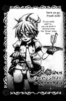 black_and_white censored_penis cum cum_in_container cum_in_cup cum_on_chest cum_on_thighs kagamine_len maid male nipples oral_request penis talking_to_viewer vocaloid