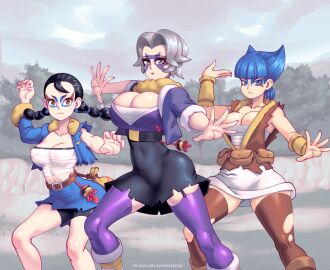 3girls ass bangs barely_contained big_breasts black_hair blue_eyes braided_hair breasts brown_eyes bursting_breasts charm_(pokemon) cleavage clothes clover_(pokemon) coin_(pokemon) deep_cleavage earrings face_paint facepaint female grey_eyes grey_hair light-skinned_female light_skin makeup miss_fortune_sisters multiple_females multiple_girls navel nipple_bulge nipples outdoors pokemon pokemon_legends:_arceus posing ripped_clothing ripped_pants short_hair shorts sisters skin_tight skindentation skirt spiky_hair straps supersatanson thick_thighs tight_clothing twin_braids twintails watermark wraps