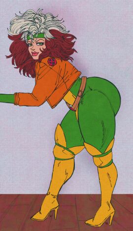 1girls big_ass brunette_hair female_only green_eyes huge_ass jacket looking_at_viewer marvel masochistmaverick pawg rogue_(x-men) side_view teasing thick_thighs white_hair