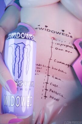 1girls 3d 3d_(artwork) blizzard_entertainment body_writing breasts d.va english english_text female female_focus female_only light-skinned_female light_skin measuring_penetration_depth medium_breasts midriff monster_energy navel overwatch penetration_depth_mark piroguh pussy underboob