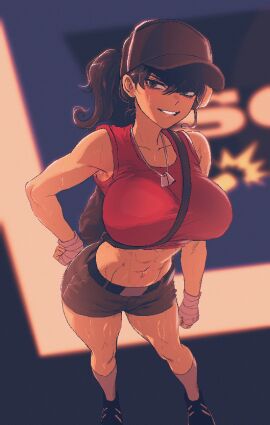 1girls 2d 2d_(artwork) athletic athletic_female big_breasts breasts clothed clothed_female female femscout grin happy happy_female light-skinned_female light_skin looking_at_viewer midriff midriff_baring_shirt ponytail scout_(team_fortress_2) shorts smile smiling smiling_at_viewer smug smug_face smug_grin solo spoiledmuffin team_fortress_2 tf2 toned toned_female