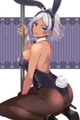 1girls absurdres animal_ears aqua_eyes ass backless_leotard black_footwear black_leotard black_pantyhose bow bowtie breasts dark-skinned_female dark_skin detached_collar fake_animal_ears fake_tail female grey_hair gundam gundam_suisei_no_majo hair_tuft high_heels highleg highleg_leotard highres large_breasts leotard looking_at_viewer mizuno374 open_mouth pantyhose playboy_bunny pole rabbit_ears rabbit_tail red_bow red_bowtie secelia_dote short_hair sideboob simple_background sitting smile solo strapless strapless_leotard stripper_pole tail wariza white_nails white_wrist_cuffs wrist_cuffs