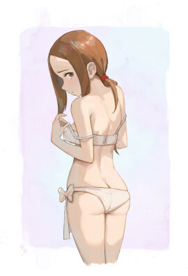 ass ass_crack back bare_shoulders bra bra_slip breasts brown_eyes brown_hair butt_crack closed_mouth cropped_legs female from_behind karakai_jouzu_no_takagi-san looking_at_viewer looking_back medium_hair nipples panties ponytail see-through see-through_bra shoulder_blades side-tie_panties small_breasts solo standing takagi-san underwear underwear_only undressing white_bra white_panties yugen99