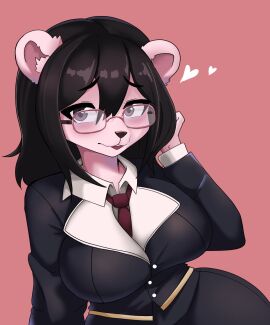 animal_ears bear_girl black_hair curvaceous curvaceous_female curvaceous_figure curvy curvy_figure female female_focus female_only furry furry_female furry_only glasses hatzuhatzu looking_at_viewer original original_character pink_fur school_uniform short_hair uniform