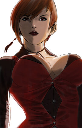 1girls big_breasts breasts brown_eyes brown_hair busty buttons cleavage clothed dominant_female dress earrings elegant elegant_dress female from_below huge_breasts king_of_fighters light-skinned_female light_skin lips lipstick looking_at_partner looking_at_viewer looking_down necklace pov red_clothing red_eyes short_hair suit thick tight_clothes vice_(kof) voluptuous voluptuous_female