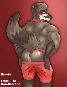 anthro anus ass bara big_ass big_butt blush blush_lines brown_body bulge collar collar_only facial_hair genitals grey_body hair harvesting huge_ass huge_butt looking_at_viewer looking_pleasured male male/male mammal moustache muscular muscular_anthro muscular_male nude pink_butt procyonid pubes raccoon red red_eyes reflection rockie_(the_non_raccoon) smile smiley_face solo solo_focus the_non_raccoon topknot unknown_artist yaoi