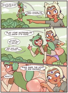 1boy 1futa 3_panel_comic accessory anal anal_fingering animal_ears animal_humanoid arm_wraps ass backsack balls ballsack big_ass blush blush_lines bottomless breasts brown_body brown_skin butt_slap canid canid_humanoid canine canine_humanoid cat_humanoid clothed clothing crown dark-skinned_futa dark_skin dialogue dog_humanoid dot_eyes duo ear_piercing ear_ring english_text fah_(superwafflecat) fangs felid felid_humanoid feline feline_humanoid female femboy final_fantasy final_fantasy_xiv fingering flower flower_in_hair food fruit fur futa_on_femboy futa_on_male futadom futanari genitals girly green_body green_fur green_hair hair hair_accessory half-closed_eyes headgear hi_res highlights_(coloring) humanoid humanoid_genitalia intersex kemonomimi l'fah_morcant light-skinned_male light_skin male male/female mammal mammal_humanoid melon miqo'te mostly_clothed narrowed_eyes open_mouth open_smile partially_clothed perineum piercing plant raised_tail red7cat red_highlights ring_piercing shirt simple_background slap smile sound_effects speech_bubble t-shirt tail tan_background tan_body tan_skin teeth text tiara topwear trans_woman transfem vest watermelon white_hair wide_eyed wraps