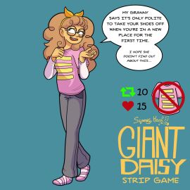 2024 blue_eyes daisy_wooton female glasses nerd nerdy_female pants pink_shirt pink_socks shirt smile socks squeakyhorn strip_game tagme text twitter_strip_game_(meme) undressing