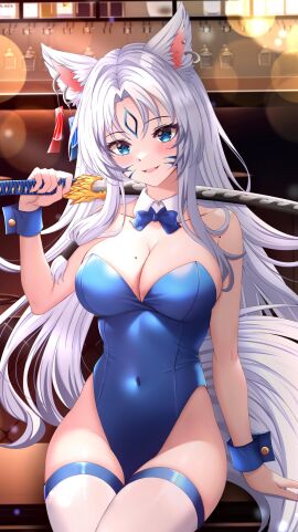 1girls 2d 2d_(artwork) alternate_costume animal_ears animal_tail artist_request big_breasts blue_bunnysuit blue_eyes blush breasts bunnysuit ear_piercing fanart fanart_from_twitter female female_focus female_only front_view high_resolution highres hikari_ookami holding_object holding_swimsuit hourglass_figure indoors latam_virtual_youtuber light-skinned_female light_skin long_hair looking_at_viewer mole mole_on_breast saino_entertainment sitting slim_female smiling smiling_at_viewer solo solo_female solo_focus sword thighhighs tight_clothing virtual_youtuber vtuber vtuberfanart white_hair young younger_female