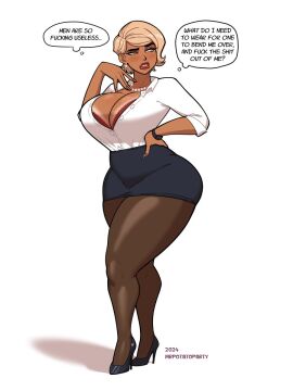 1girls big_breasts big_thighs blonde_hair blush bra breasts business_attire cleavage clothed clothing dialogue english_text female female_only full_body gianna_lewis hand_on_hip heels high_heels horny_female huge_breasts looking_away mature milf mrpotatoparty narrowed_eyes orange_eyes original pantyhose pearl_necklace red_lipstick shirt skirt solo tan_body tanline tanline_peek tanned tanned_female thick_thighs thought_bubble white_background