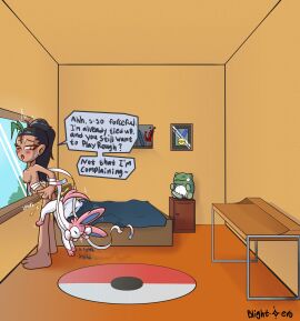 1boy 1girls against_glass arms_behind_back bed black_hair blightstar blush bound breast_squish breasts breasts_pressed_on_glass cheek_on_glass cum cum_in_pussy cum_inside desk dildo eeveelution english_text female feral feral_on_female feral_on_human feral_penetrating green_streak half-closed_eyes knot knotted knotting larger_female lifted_by_penis looking_back male male_pokemon/female_human male_sylveon medal medium_breasts nemona_(pokemon) nintendo part_of_a_set penis pink_fur plushie pokemon pokemon_(species) pokemon_move pokemon_sv pokephilia ponytail pussy ribbon ribbon_bondage room rug sex_toy shelf short_fur side_view smaller_male speech_bubble standing stuck_knot substitute_doll sylveon tagme tan_body twitching vaginal_penetration white_fur window zoophilia