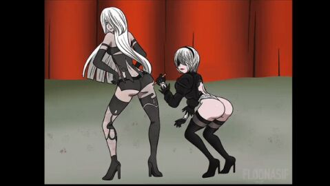 2girls ass blush blushing classic_enf_pose clothed_female_nude_female curtains embarrassed embarrassed_naked_female embarrassed_nude_female enf female floonasif gif humiliated humiliating humiliating_herself humiliation nier:_automata nude nude_in_front_of_audience only_one_naked public_exposure public_humiliation public_indecency public_nudity ripped_clothing spongebob_reference stage yorha_2b yorha_a2