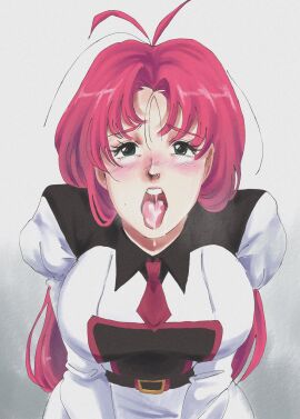 after_fellatio blush breasts clothed cum_in_mouth devilkokonatsu dripping female from_above green_eyes kneeling large_breasts looking_at_viewer looking_up oc open_mouth original original_character pink_hair retro_artstyle teeth tongue tongue_out