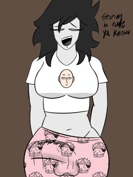 bulge_through_clothing futa_only futanari jujutsu_kaisen oc pajama_pants saitama simple_background simple_shading sketch smiling smiling_at_viewer