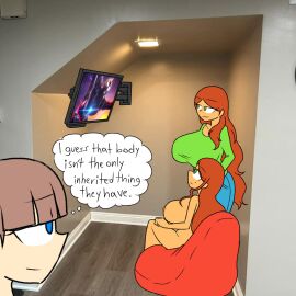 3girls ana_garcia bean_bag blue_eyes breasts brown_hair clara_garcia clothed_female_nude_female english_text female female_only green_eyes jeans joana_jimenez lesbian lesbian_couple long_hair long_sleeves mole_under_eye mother_and_daughter nairod103098 nipples nude nude_female pants sitting tagme television text very_long_hair