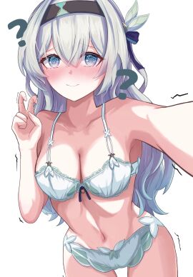 ? @_@ absurdres black_hairband blush bra breasts cleavage closed_mouth collarbone commentary_request cowboy_shot female firefly_(honkai:_star_rail) green_bra green_panties grey_hair hairband highres honkai:_star_rail honkai_(series) leaning_forward linea_alba long_hair looking_at_viewer medium_breasts navel nervous_smile panties simple_background smile solo tefutefufu trembling underwear v white_background