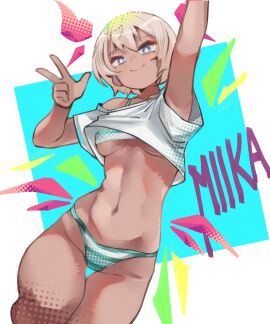 absurdres arm_up bikini blonde_hair blue_eyes borrowed_character breasts bright_pupils buvelle_(npahilga) character_name commentary dark-skinned_female dark_skin english_commentary female green_bikini highres medium_breasts miika_(hakimen) navel off-shoulder_shirt off_shoulder original shirt short_hair short_sleeves smile solo striped_bikini striped_clothes swimsuit thigh_gap underboob w white_bikini white_pupils white_shirt