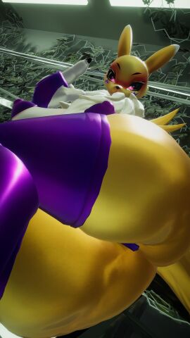 1girls 3d anthro armwear ass big_ass big_breasts breasts digimon digimon_(species) female laying_on_side looking_at_viewer looking_back lying lying_on_side pasties sloppydragons solo tagme tail thick_thighs thighhighs vrchat yellow_body yellow_fur