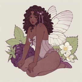 1girls berries berry blackberry_(fruit) butterfly_wings curly_hair fae faerie fairy fairy_wings female female_only fey fruit heels insect_wings karlovycross kneeling lavender pixie pointy_ears purple_clothing sitting sitting_on_knees wings