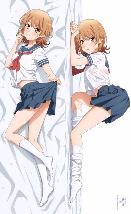 ass bare_belly bed_sheet blush bra_visible_through_clothes breasts brown_hair collarbone dakimakura dakimakura_design feet female isshiki_iroha lying medium_breasts my_teen_romantic_comedy_snafu official_art open_mouth school_uniform see-through_shirt short_hair skirt skirt_lift smile socks thighs