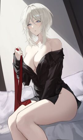 1girls bare_legs bare_shoulders bare_thighs bed bedroom big_boobs big_breasts blue_eyes boobs breasts eonyan exposed_breasts exposed_legs exposed_shoulders exposed_thighs faust_(limbus_company) female female_focus female_only half-closed_eyes half-dressed half_naked half_naked_female light-skinned_female light_skin limbus_company medium_hair no_bra partially_clothed partially_clothed_female partially_nude project_moon white_hair