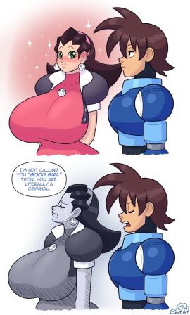 1boy 1girls alternate_breast_size blue_eyes blush breasts breasts_bigger_than_head capcom cobatsart crying english_text enormous_breasts female funny gigantic_breasts green_eyes huge_breasts humor im_not_calling_you_a_good_boy male massive_breasts mega_man mega_man_legends mega_man_volnutt meme simple_background sparkles sparkling speech_bubble text top_heavy tron_bonne twitter_link upper_body