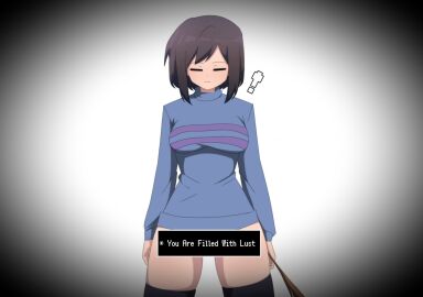 ! 1girls 2d aged_up bottomless emotionless emotionless_female english_text expressionless female female_frisk female_only frisk game_ui human kuudere lobeliatale solo sweater tagme text text_box thighhighs undertale undertale_(series) zukafu_shimoto