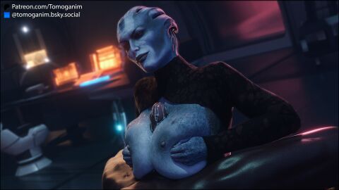 1boy 1girls 3d alien alien_girl areolae asari big_breasts bioware blue_body blue_skin boobjob breasts cum cum_on_breasts dark-skinned_male dark_skin exposed_breasts female huge_breasts indoors interracial large_breasts looking_at_partner male mass_effect matriarch_benezia milf nipples paizuri squish squished_breasts titfuck titjob tomoganim