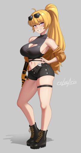 1girls blonde_female blonde_hair cleavage cleavage_cutout clothed_female cslucaris female hand_on_hip long-haired_female long_hair ponytail purple_eyes robotic_arm rwby solo_female sunglasses_on_head yang_xiao_long