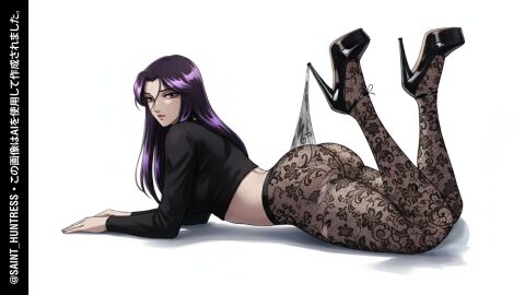 ass bare_ass big_ass big_breasts black_crop_top black_hair black_heels black_high_heels booty breasts busty buttocks crop_top hands_on_floor high_heels lace lace_panties lace_stockings long_sleeve_shirt long_sleeved_shirt long_sleeves looking_at_viewer lying lying_on_stomach pale pale-skinned_female pale_skin pandora pandora_(saint_seiya) profile_view purple_eyes purple_hair saint_seiya sheer sheer_clothes sheer_clothing sheer_legwear stockings studio white_background