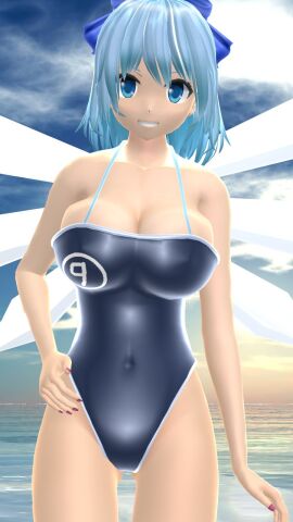 1girls 2023 3d adult_female beach belly_button bending_forward blue-haired_female blue_eyes blue_ribbon breasts cirno cleavage clouds dark_blue_swimsuit fairy female hand_on_hip hati_yukkuri_mmd light-skinned_female light_skin looking_at_viewer mmd outdoors short-haired_female sky smiling_at_viewer solo_female solo_focus sunset swimsuit touhou water wings