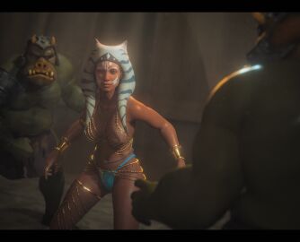 1girls 3d ahsoka_tano bead_bikini bikini_bottom blue_eyes female gamorrean gold_jewelry jedi orange_skin phloki rosario_dawson star_wars togruta