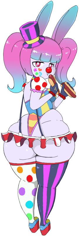 1girls ass ass_cleavage ass_crack bangs blue_highlights bunny_ears butt_crack clown clown_girl clown_makeup clown_nose eating eating_food female female_focus female_only food hat high_heels hips hot_dog hotdog howaitori large_ass looking_at_viewer looking_back looking_back_at_viewer mini_hat miniskirt pink_hair prattagail rabbit_ears red_eyes skirt stockings stockings_thigh_highs suspender_skirt suspenders thick_thighs thighs top_hat twintails wide_hips