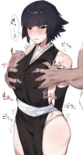 1boy 1girls arms_behind_back bare_shoulders black_hair bleach breasts elbow_gloves female fundoshi gloves groping_breast japanese_clothes japanese_text kataku_musou looking_at_viewer male medium_breasts medium_hair shiny_skin simple_background soifon speech_bubble sui-feng thighs translation_request white_background