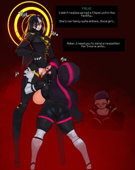 1boy 2girls adler_(signalis) android android_girl ass big_breasts black_hair breasts breasts_out crotchless cucked_by_lesbian cuckold dialogue english_text falke_(signalis) female gattles it_should_have_been_me_not_him licking licking_pussy long_hair male minecraft_font pink_highlights pussy shortstack signalis standing tagme taller_female thick_thighs tied_hair yuri