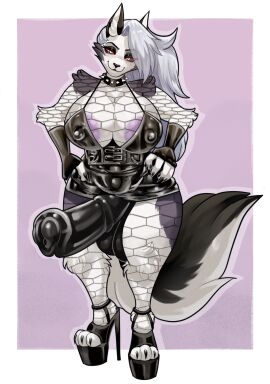 1futa animal_genitalia animal_penis anthro asakitty balls big_balls big_breasts big_nipples big_penis breasts canid canid_demon canine canis clothing demon equine_genitalia equine_penis fishnet_clothing footwear fur futanari genitals hair hands_on_hips hellhound helluva_boss hi_res high_heels intersex latex long_hair loona_(helluva_boss) mammal mythological_canine mythological_creature mythology nipples penis pink_nipples shoes smile smiling_at_viewer solo solo_futa wolf